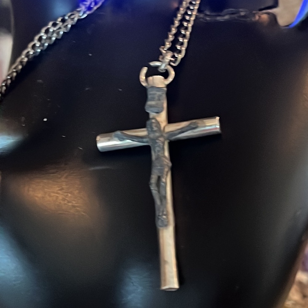 Silver tone Jesus cross necklace